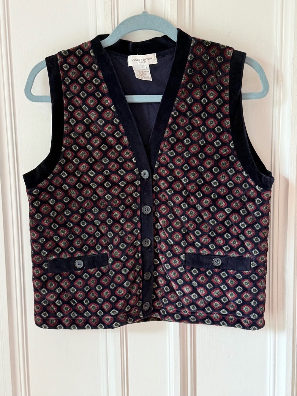 Women’s Vintage Jones New York Velvet Geometric Pattern Button Up Vest Size S
